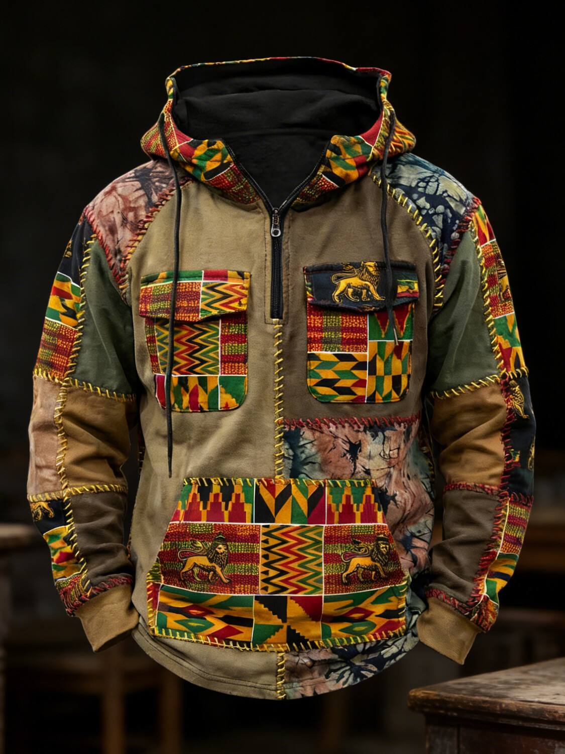 Men's Reggae Colorblock Lion Stitching Print Pockets Half Zip Hoodie