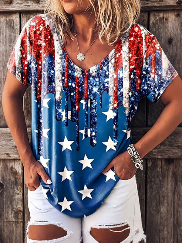 Women's American Flag Sequin Drip Art Print Casual T-Shirt