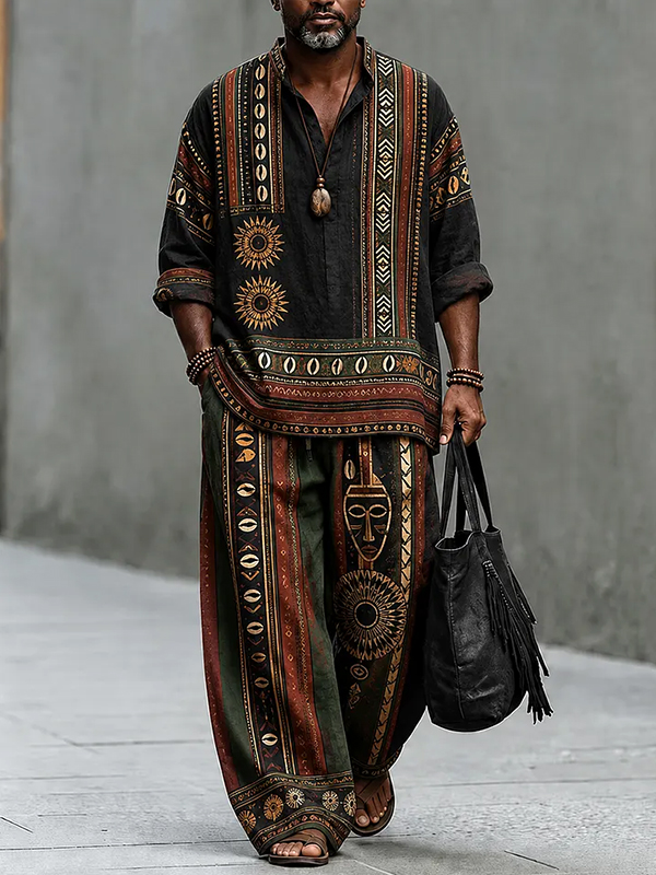 Men's Retro African Mask Tribal Art Print Half Button Long Sleeve Shirt Pants 2pcs Set