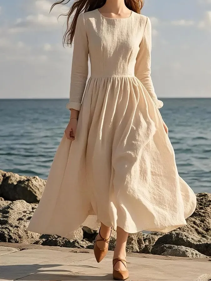 Women's Casual Solid Color Square Neck Long Sleeve Shirred Dress