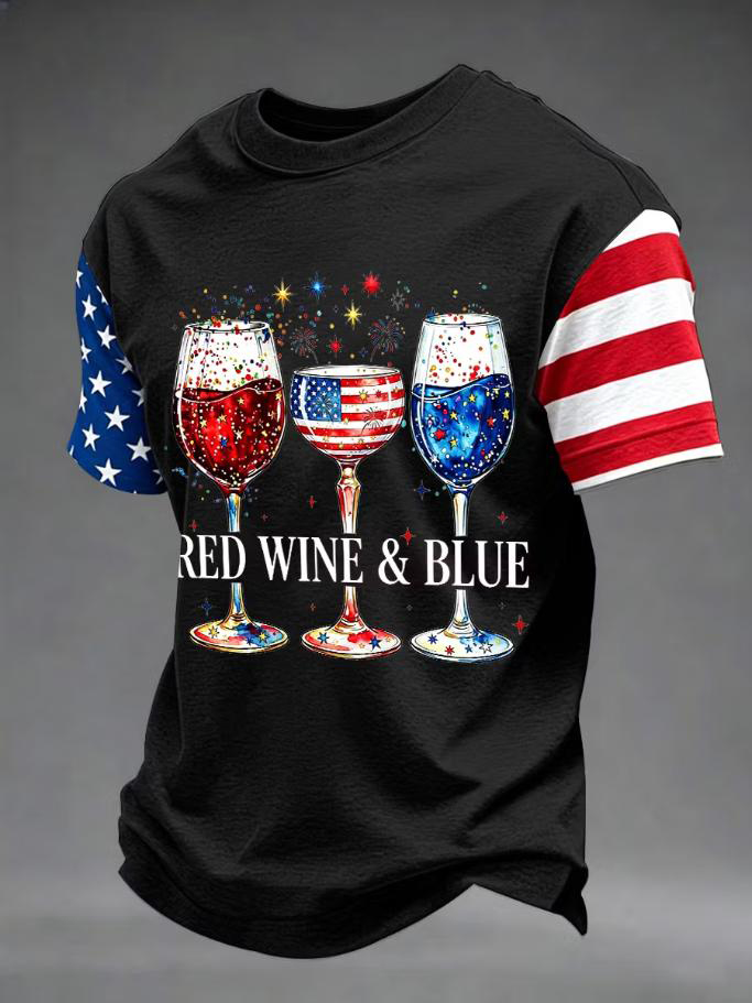 Men's Independence Day Red Wine and Blue Print Casual T-Shirt
