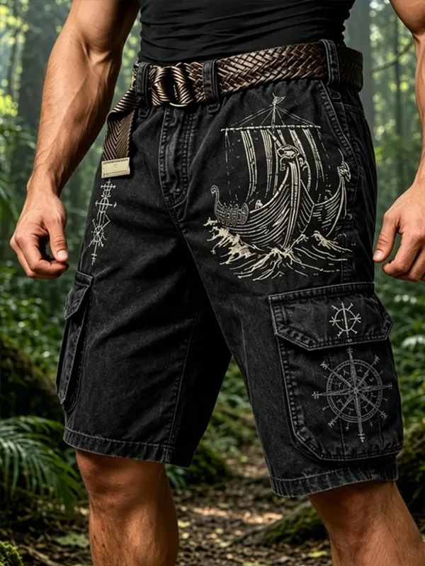 Men's Viking Dragon Boat Norse Rune Compass Art Print Casual Shorts