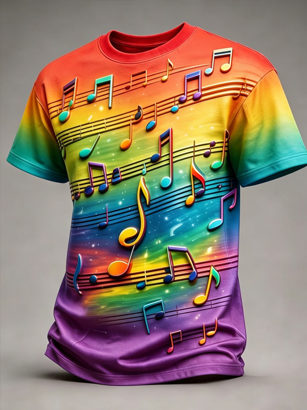 Men's 3D Embossed Music Notes Rainbow Print T-Shirt