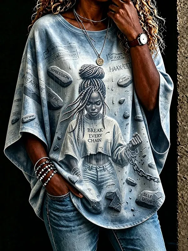 Women's Break Every Chain Braided Black Woman Vintage Art Print Casual T-Shirt