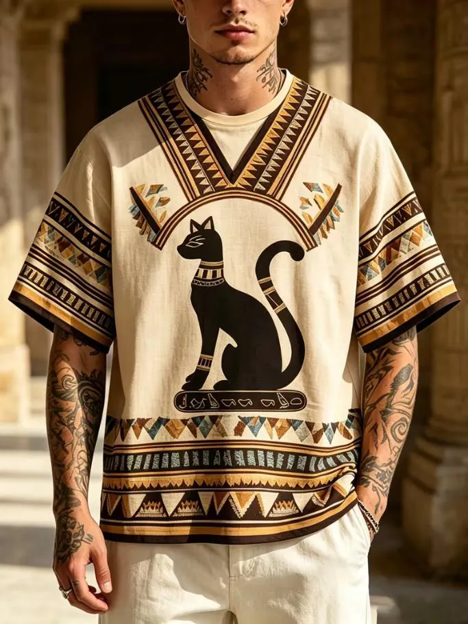 Men's Egyptian Bastet Cat Hieroglyph Tribal Geometric Border Print T-Shirt