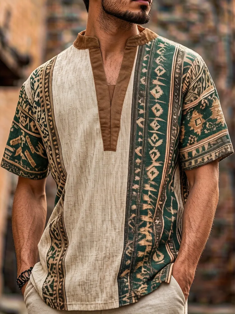 Men's Ethnic Tribal Geometric Art Print V Neck T-Shirt