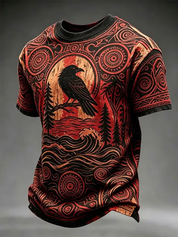 Men's Tribal Raven Wave Forest Vintage Art Print T-Shirt