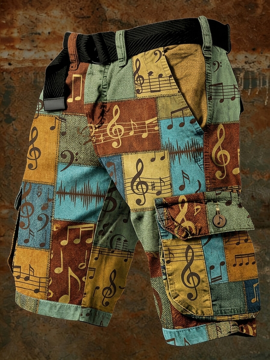 Men'S African Hippie Notes Geometric Patchwork Print Denim-Like Casual Shorts