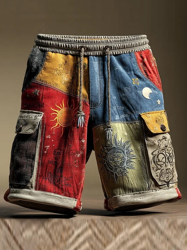 Men's Sun and Moon Hippie Art Colorblock Print Casual Cargo Shorts