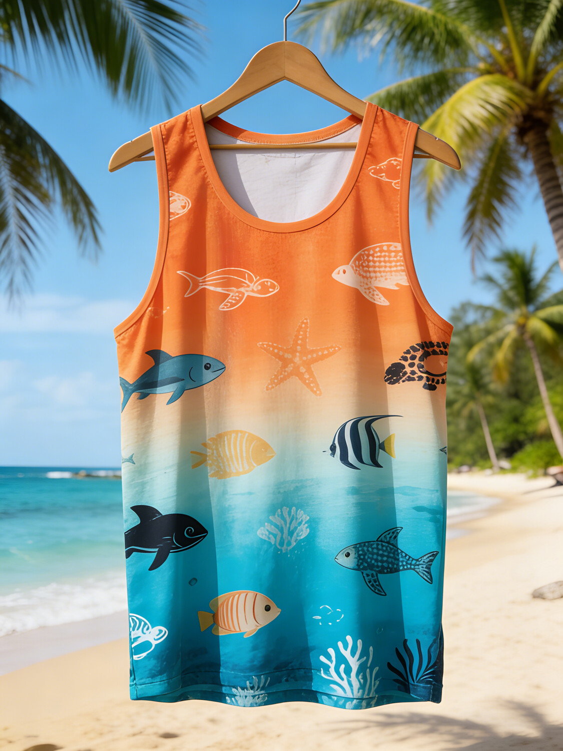 Men's Gradient Tropical Fish And Sea Turtle Print Tank Top
