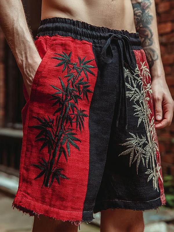 Men's Bamboo Art Print Colorblock Casual Shorts