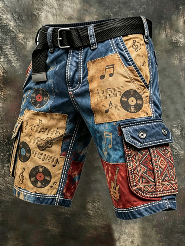 Men's Retro Notes Vinyl Record Ethnic Print Cargo Shorts