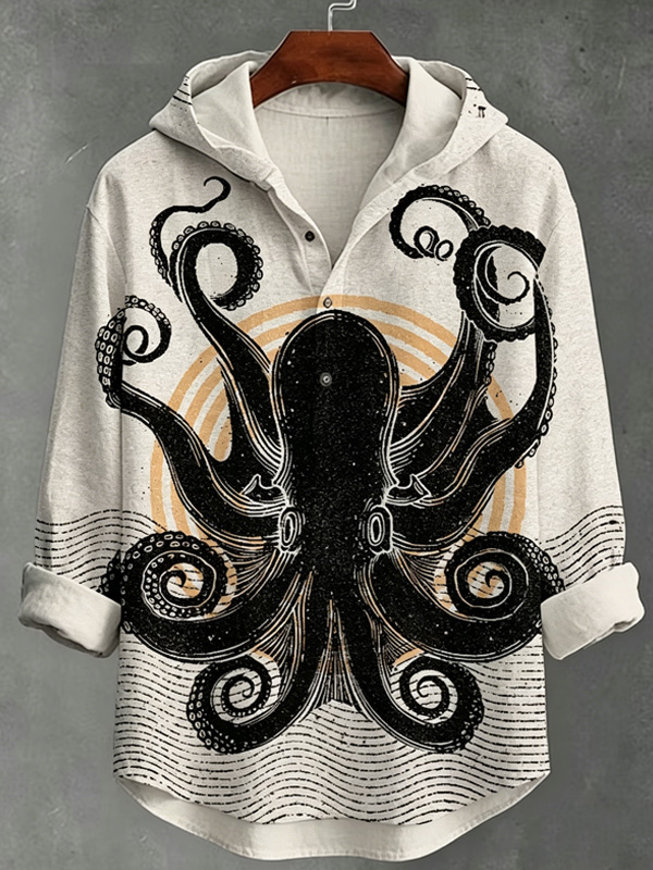 Men's Vintage Octopus Art Print Hooded Shirt