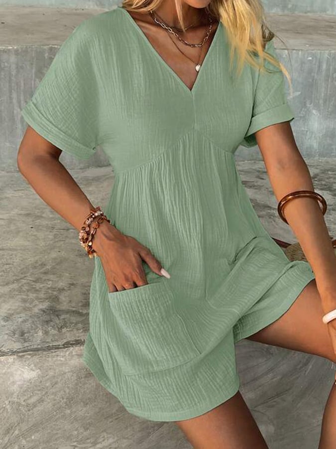 Women's Fashion Solid Color V Neck Loose Bat Sleeve Pocket Zipper Short Sleeve Jumpsuit