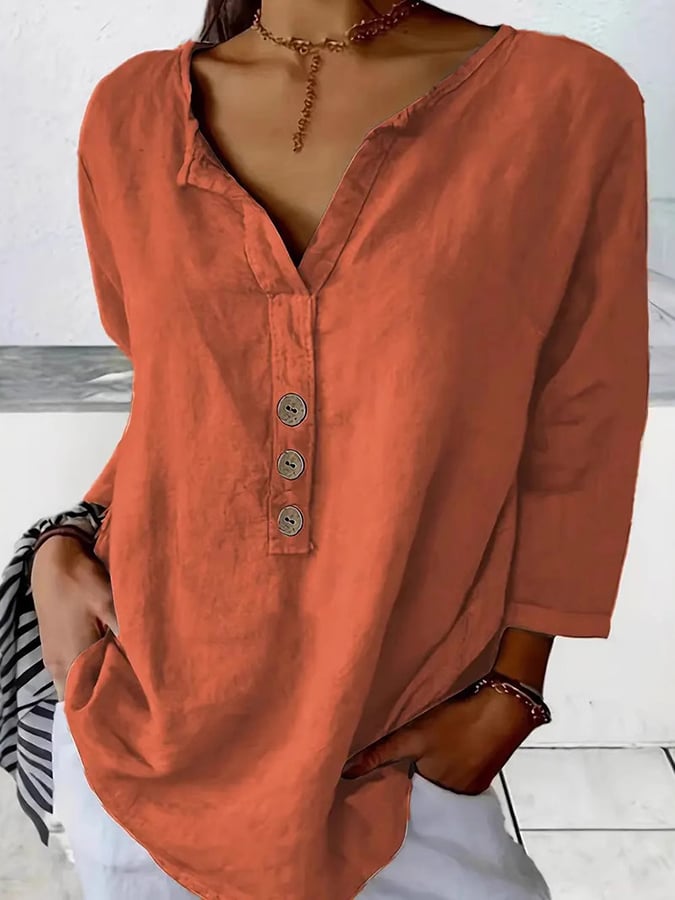 Women's V-Neck Long Sleeve Loose Button Design Casual Shirt