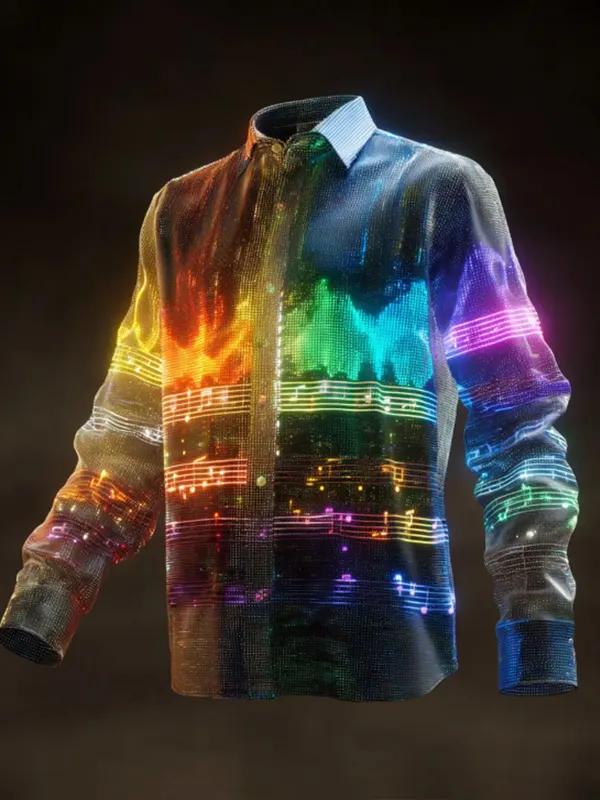 Men's Neon Music Note LED Light Art Print Long Sleeve Shirt