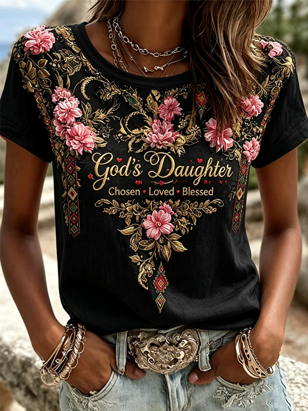 Women's Floral God's Daughter Art Print Casual T-Shirt