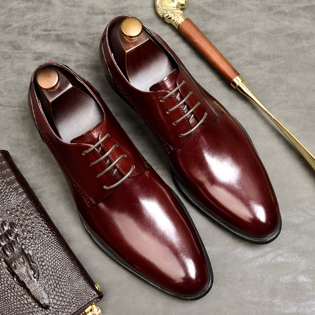 Elegant Men Genuine Leather Oxford Wedding Business Mens Dress Flats Shoes 2020 Back Burgundy Vintage Pointed Shoes For Men - wine red XS