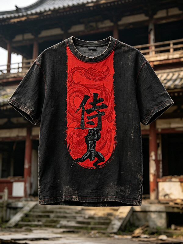 Men's Vintage Samurai & Dragon Patchwork Japanese Art Print T-Shirt