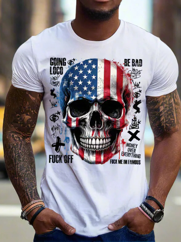 Men's Skeleton American Flag Dark Art Print Cotton Casual T-Shirt