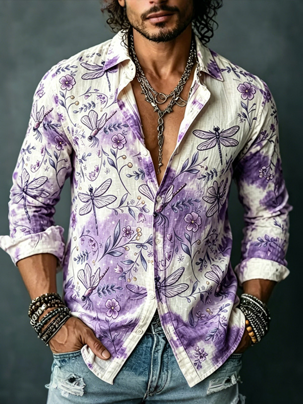 Men's Tie-Dye Dragonfly Floral Art Print Long Sleeve Shirt