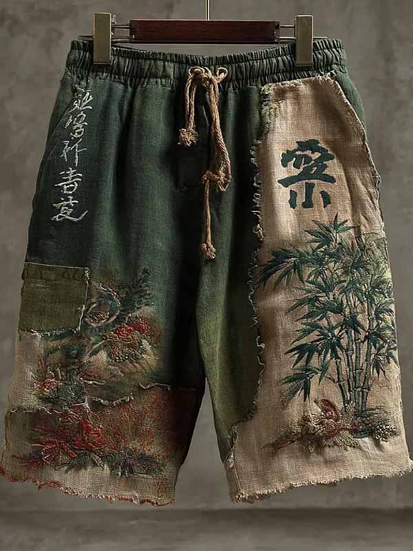 Men's Retro Japanese Art Bamboo Print Casual Shorts