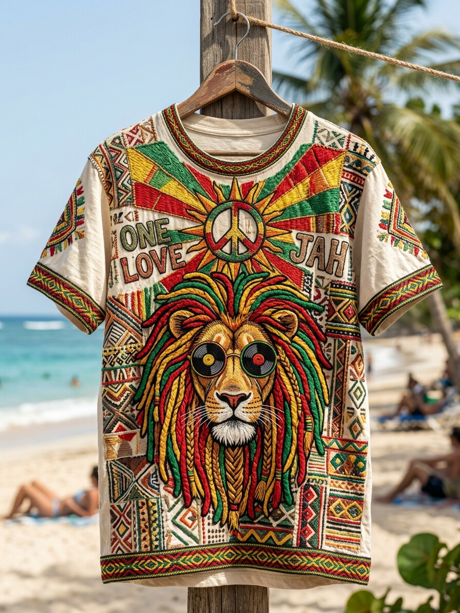 Men's Reggae Lion Head One Love Jah Tribal Pattern Art Print Vacation T-Shirt
