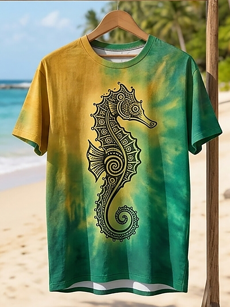 Men's Tie Dye Mandala Seahorse Sailing Vacation Art Print T-Shirt