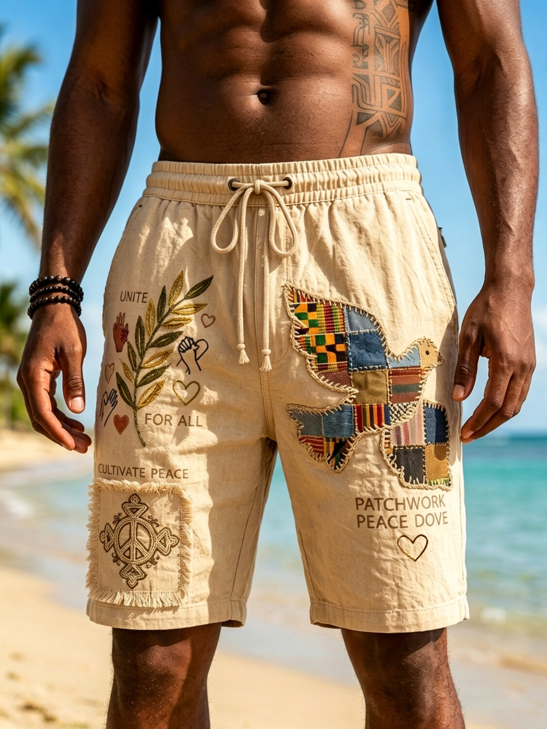 Men's Cultivate Peace Unity For All Patchwork Peace Dove Print Casual Shorts