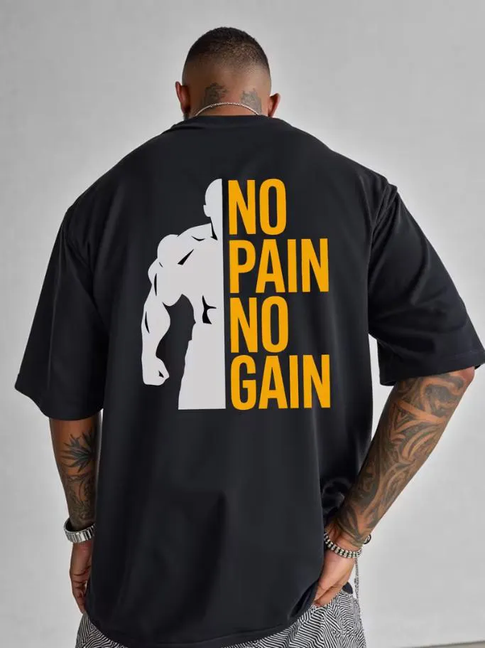 Men's Muscle Silhouette No Pain No Gain Slogan Print Cotton Casual T-Shirt