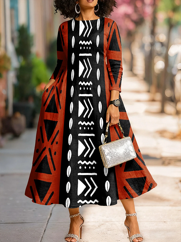 Women's Retro Geometric Stripes Art Print 3/4 Sleeve Maxi Dress