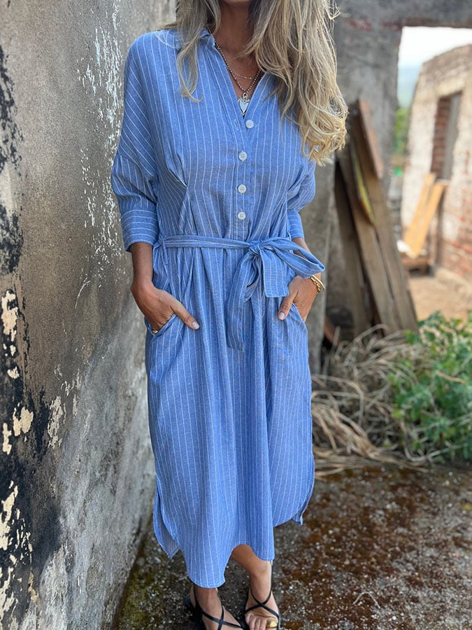 Women'S Casual Lapel Three-Quarter Sleeve Striped Printed Lace-Up Button Shirt Dress