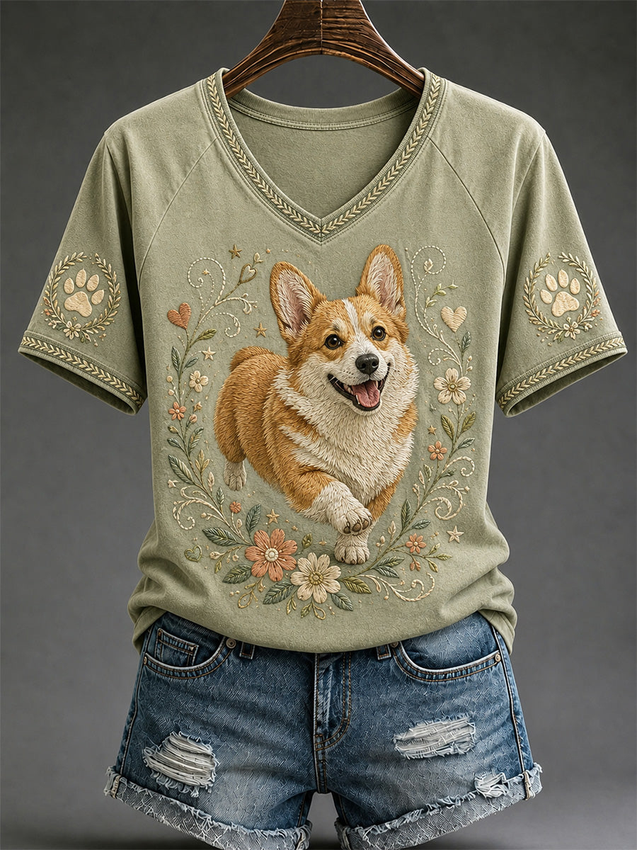 Women's Floral Paw Cute Corgi Dog Print Casual T-Shirt