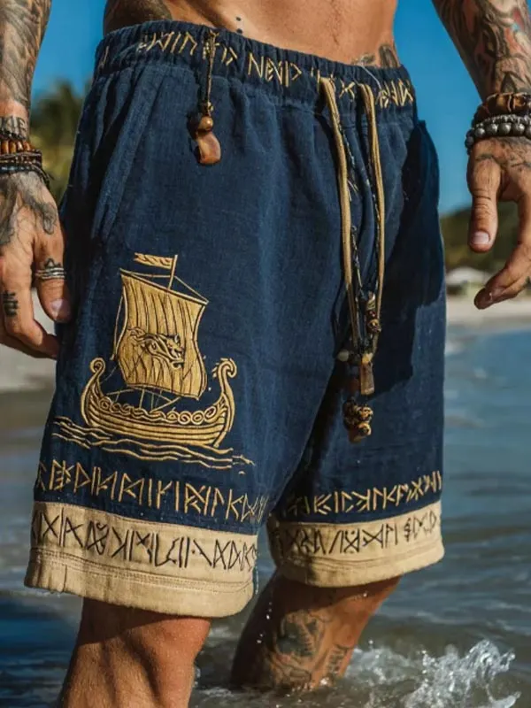 Men's Viking Ship Norse Mythology Print Casual Shorts
