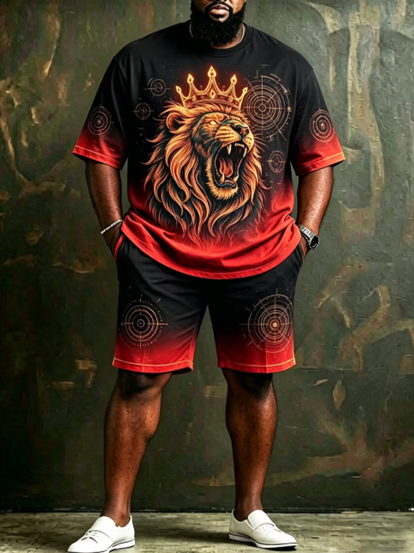 Men's Gradient Crown Lion Art Print T-Shirt Shorts Set