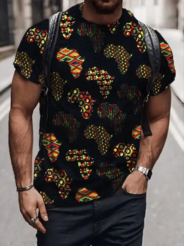 Men's African Map Kente Geometric Pattern Print T-Shirt