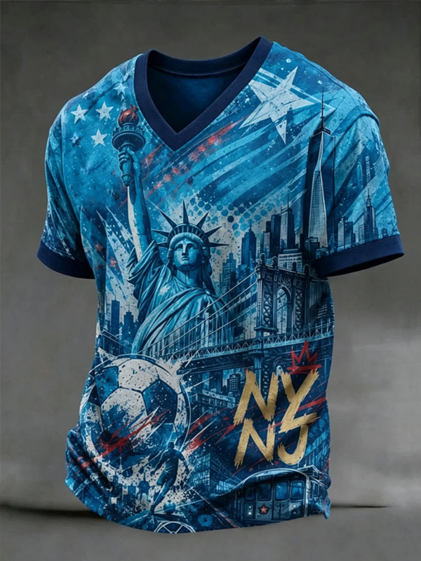 Men's United States Statue of Liberty Soccer Art Print Casual V Neck T-Shirt