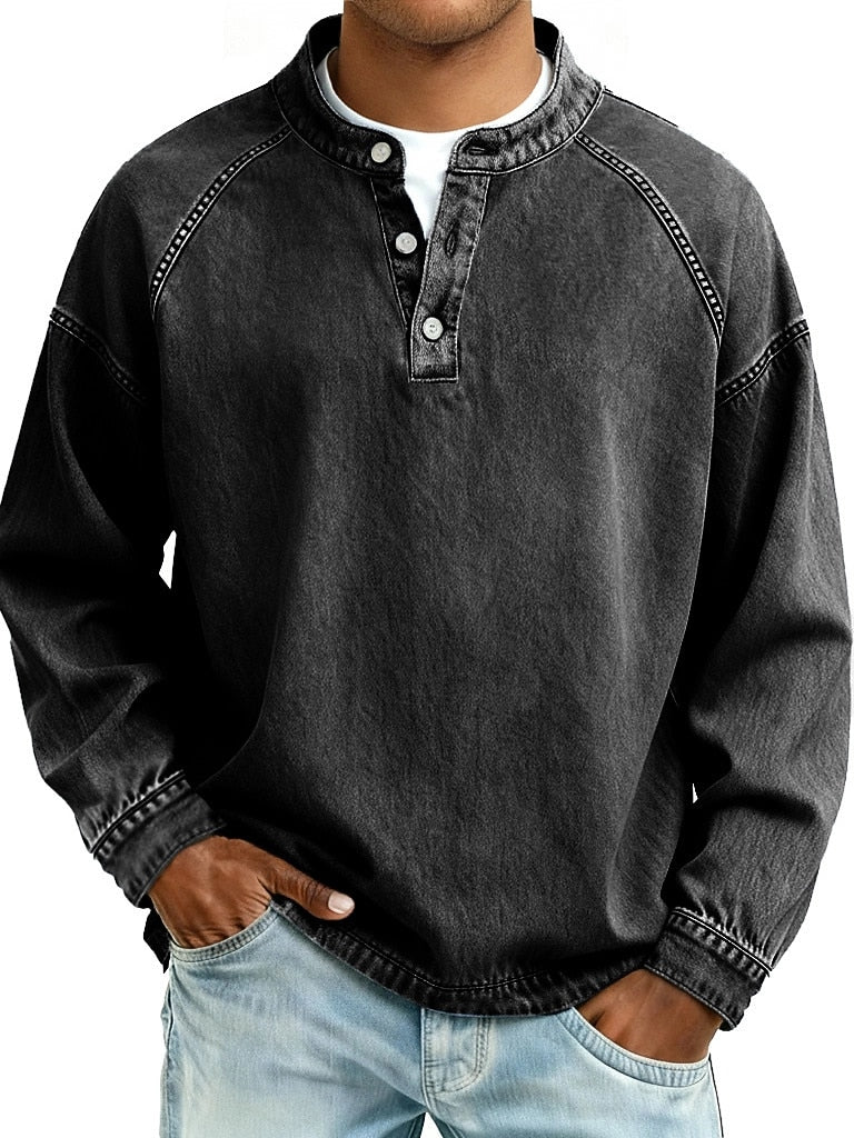 Retro Henley Shirt-100% Cotton Casual Long Sleeve - brown 5XL