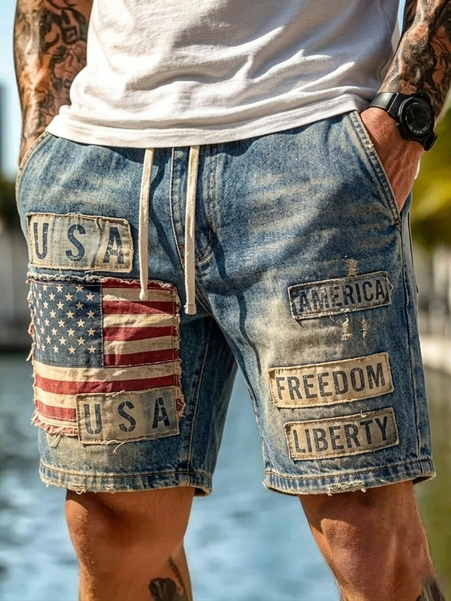 Men's USA Freedom Liberty American Flag Patch Art Print Casual Shorts