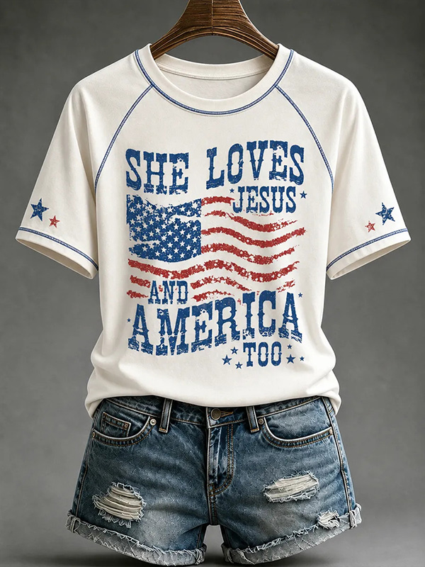 Women's She Loves Jesus And America Too Print Casual T-Shirt