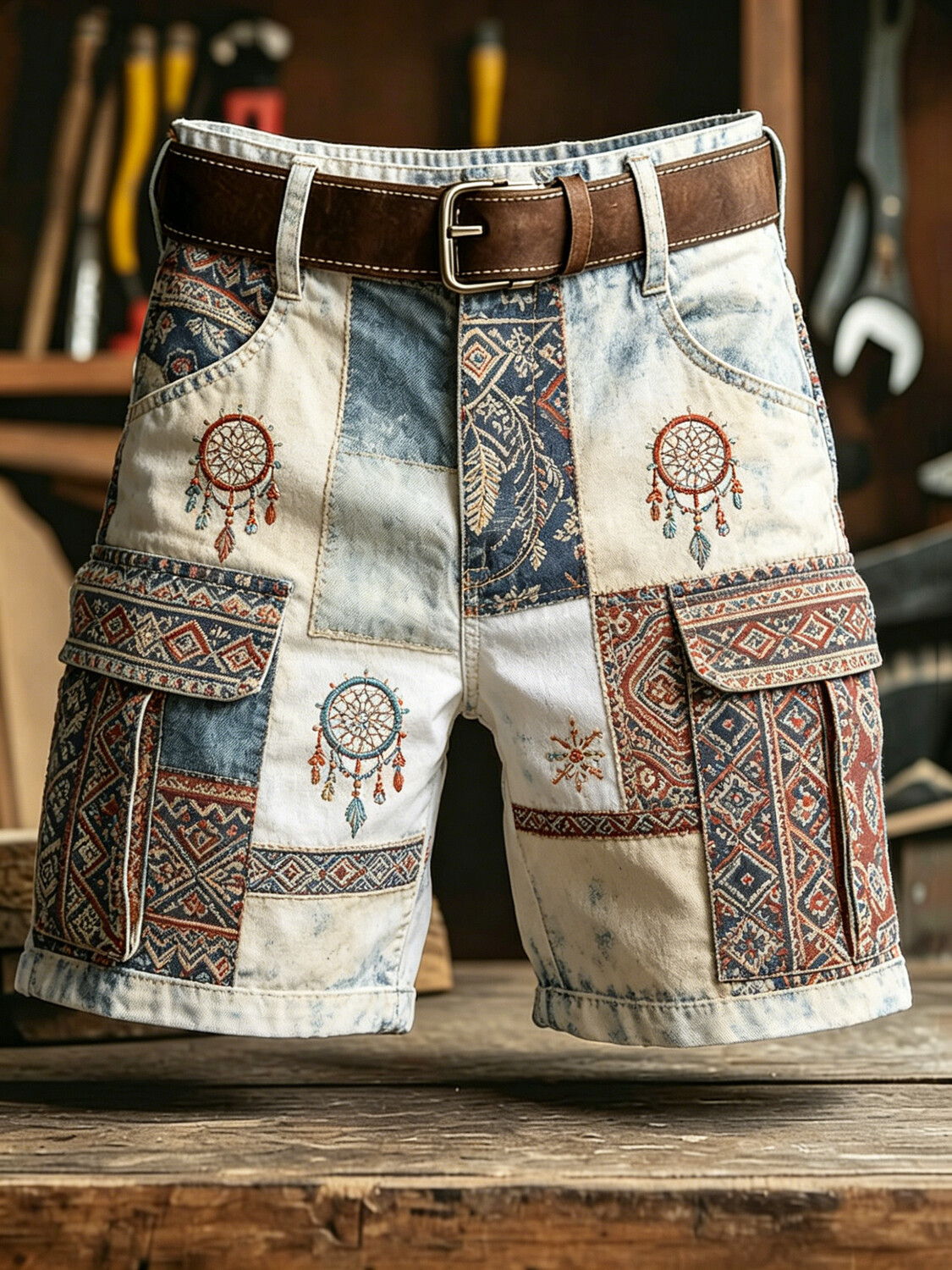 Men's Mystique Of Bohemia Dream Network Print Denim-Like Casual Shorts