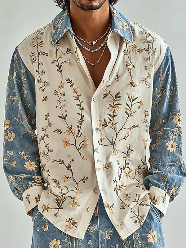 Men's Floral Vine Color Blocking Art Print Long Sleeve Shirt