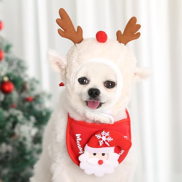 Dog and Cat Christmas Matching Costumes-Tree Pompon Hat & Reindeer Bib Set