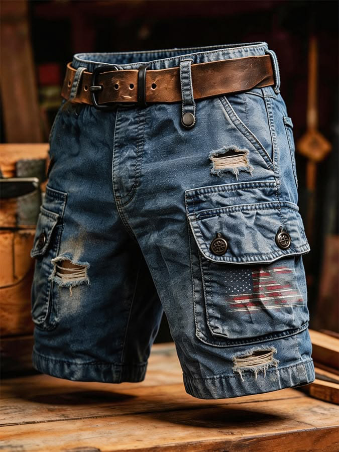 Men's Distressed American Flag Art Print Casual Shorts