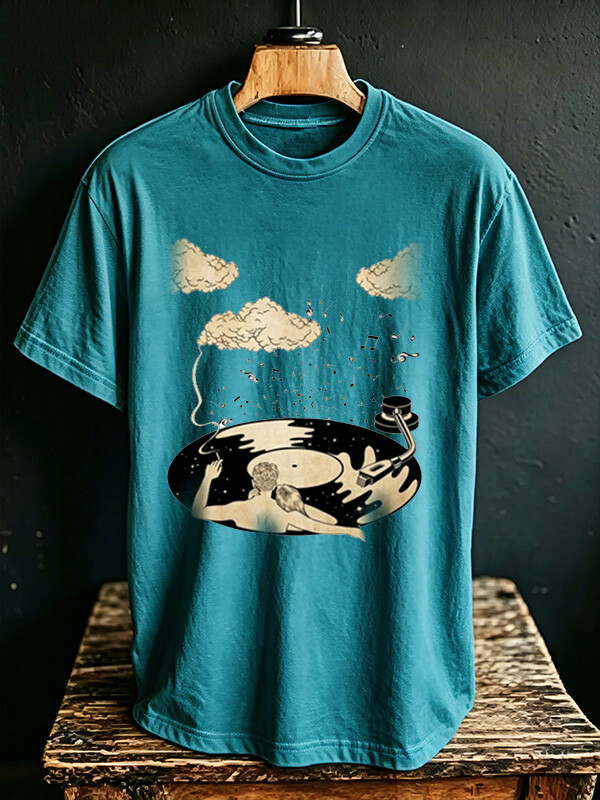 Men's Vinyl Record Music Retro Cloud Note Art Print T-Shirt