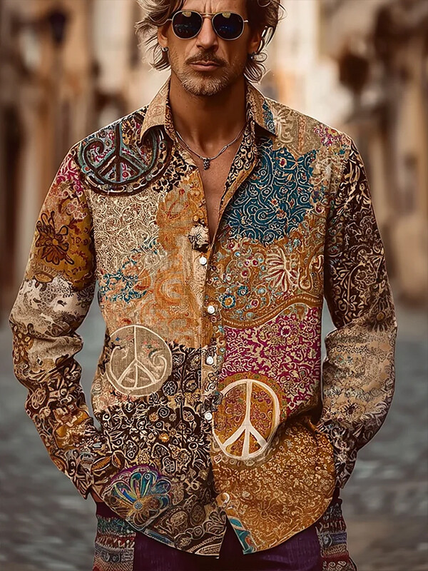Men's Peace Sign Retro Flower Boho Art Print Long Sleeve Shirt