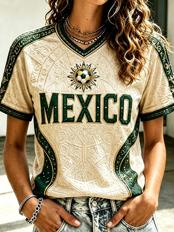 Women's Mexico Vintage Soccer Art Print Casual V Neck T-Shirt