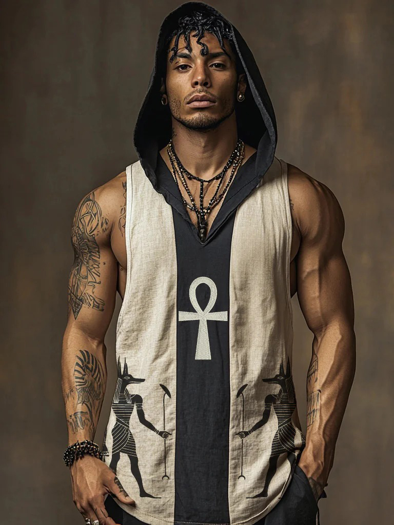 Men's Egyptian Ankh And Anubis Art Print Workout Hooded Tank Top