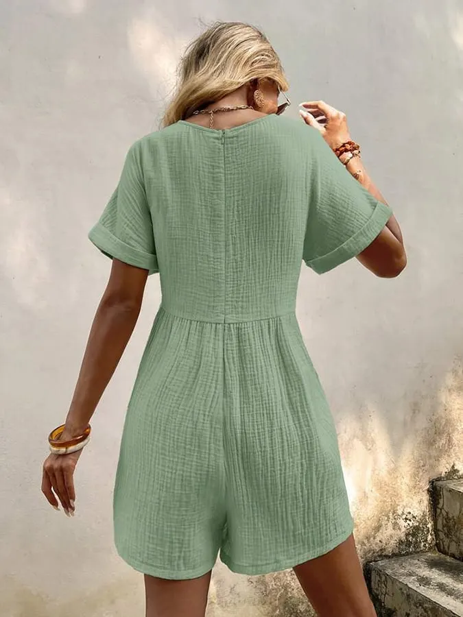Women's Fashion Solid Color V Neck Loose Bat Sleeve Pocket Zipper Short Sleeve Jumpsuit