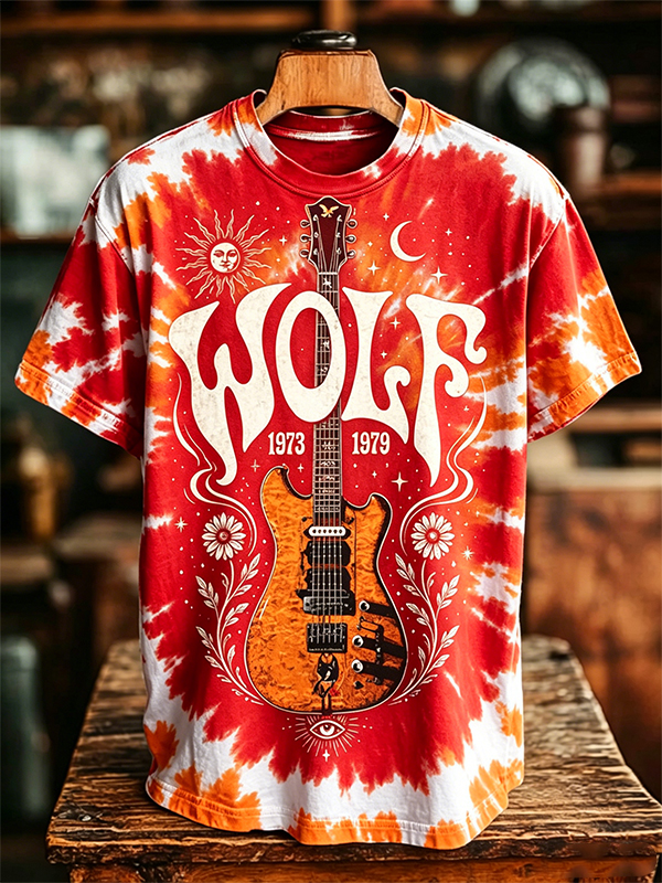 Men's Tie‑Dye Guitar Sun Moon Vintage Print T-Shirt
